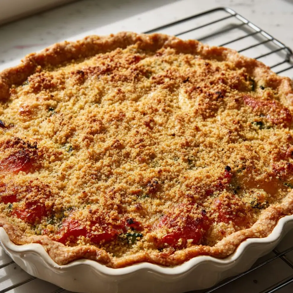 Fully baked zucchini tomato pie with golden cheese crust resting on a kitchen counter.


