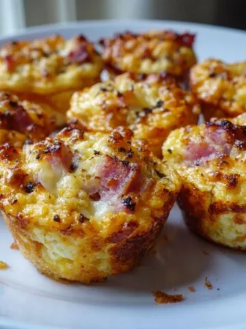 Homemade ham and cheese breakfast muffins recipe cooling in a muffin tin on a white kitchen counter, photographed from above.