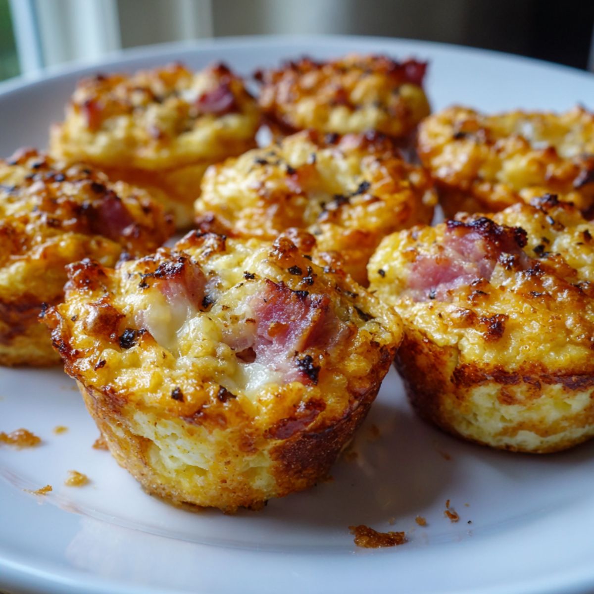 Homemade ham and cheese breakfast muffins recipe  cooling in a muffin tin on a white kitchen counter, photographed from above.