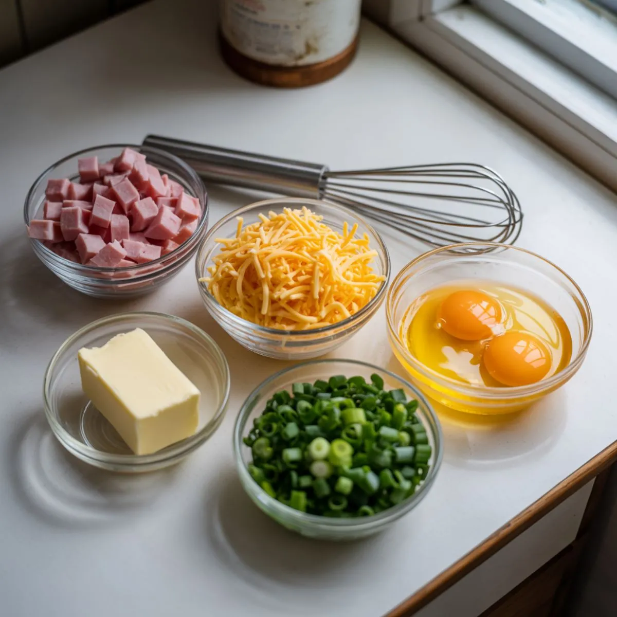 Overhead photo of ingredients for ham and cheese breakfast muffins, including diced ham, shredded cheese, eggs, and green onions on a white kitchen counter.