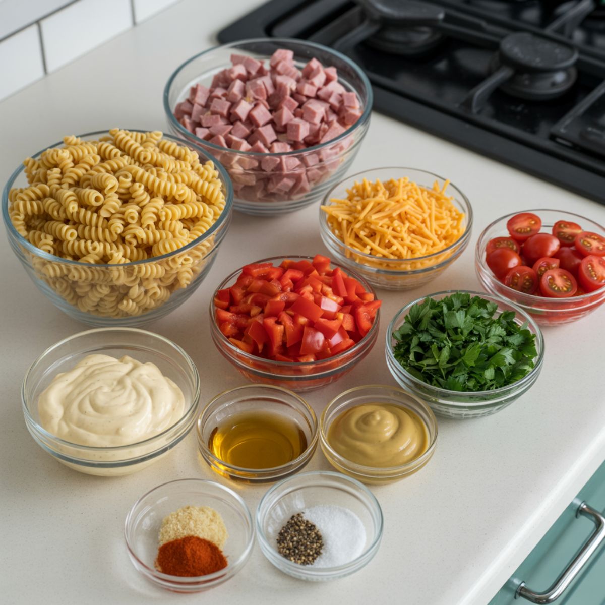 Ingredients for ham and cheese pasta salad laid out on a white kitchen counter