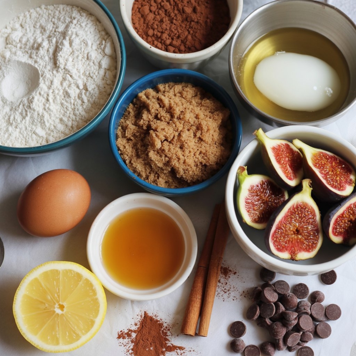 Ingredients for homemade chocolate fig bars arranged on white counter
