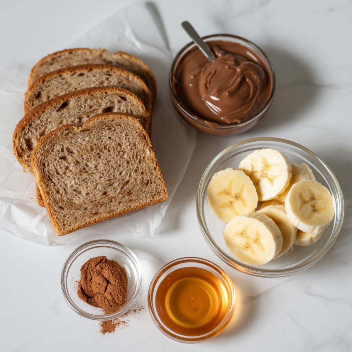 Ingredients for Nutella banana toast laid out on a kitchen counter

