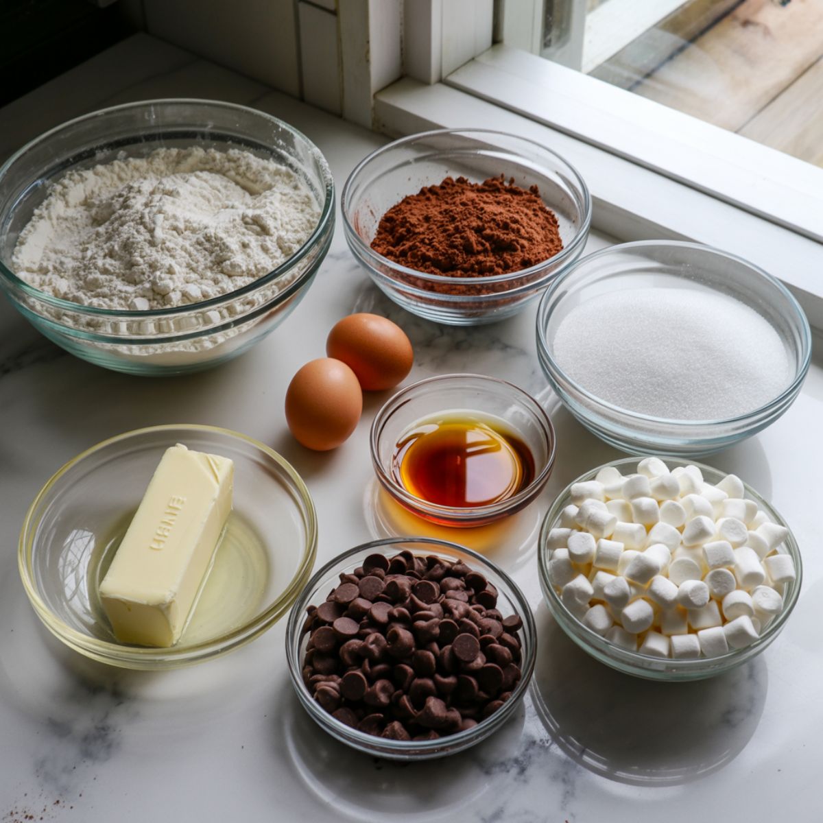 Overhead view of cocoa cookie ingredients scattered on a white marble counter