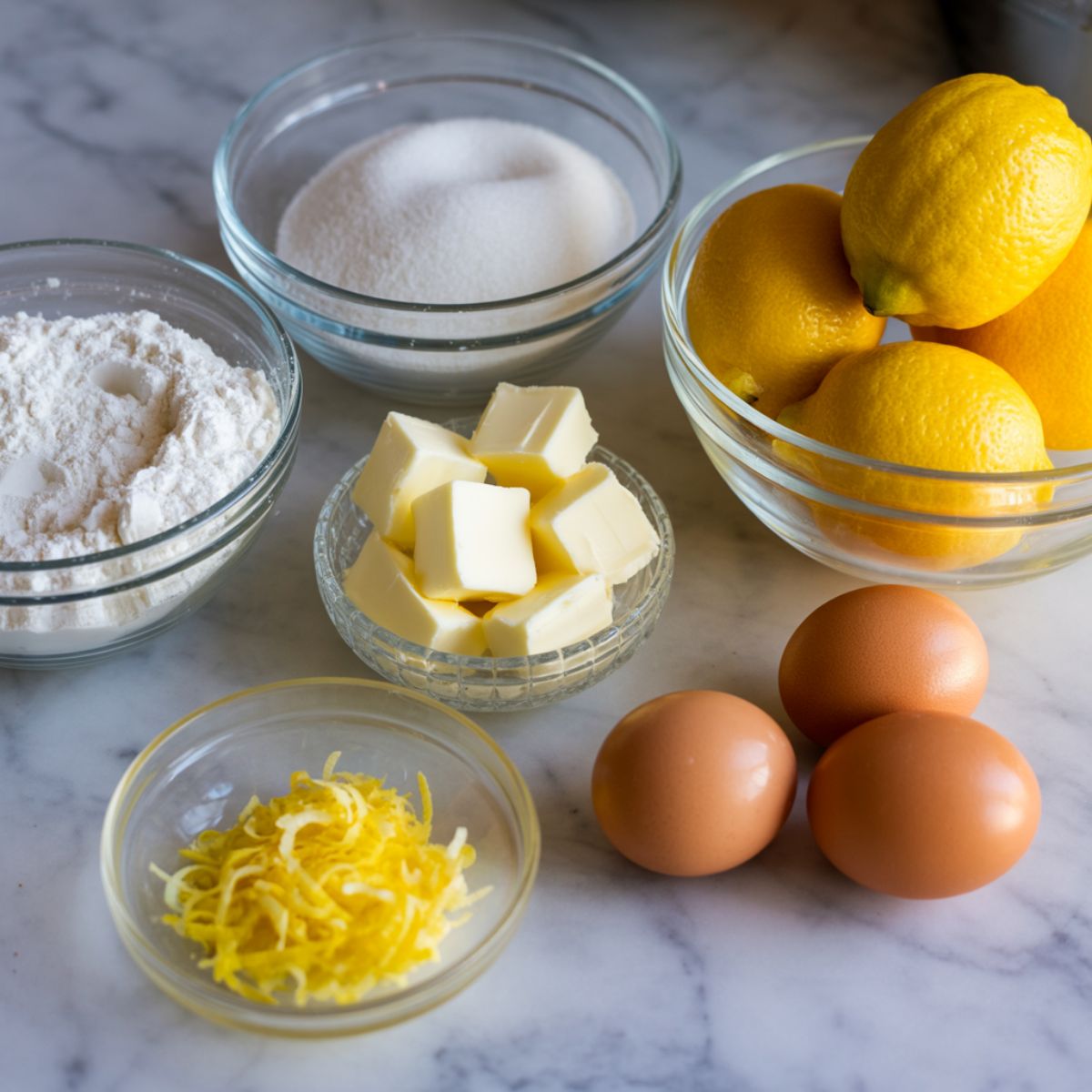 Overhead shot of raw ingredients for mini lemon tarts – flour, butter cubes, lemons, sugar, eggs – displayed casually on a white counter.