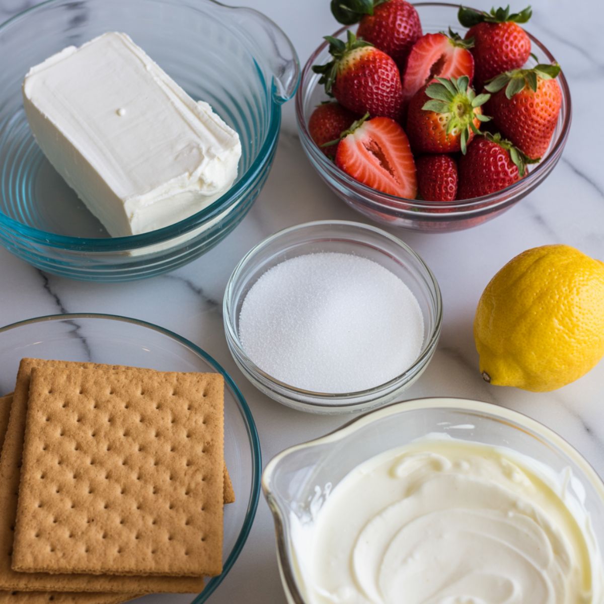 Flat lay of fresh strawberries, cream cheese, graham crackers, cream, sugar, and lemon on a white kitchen counter.