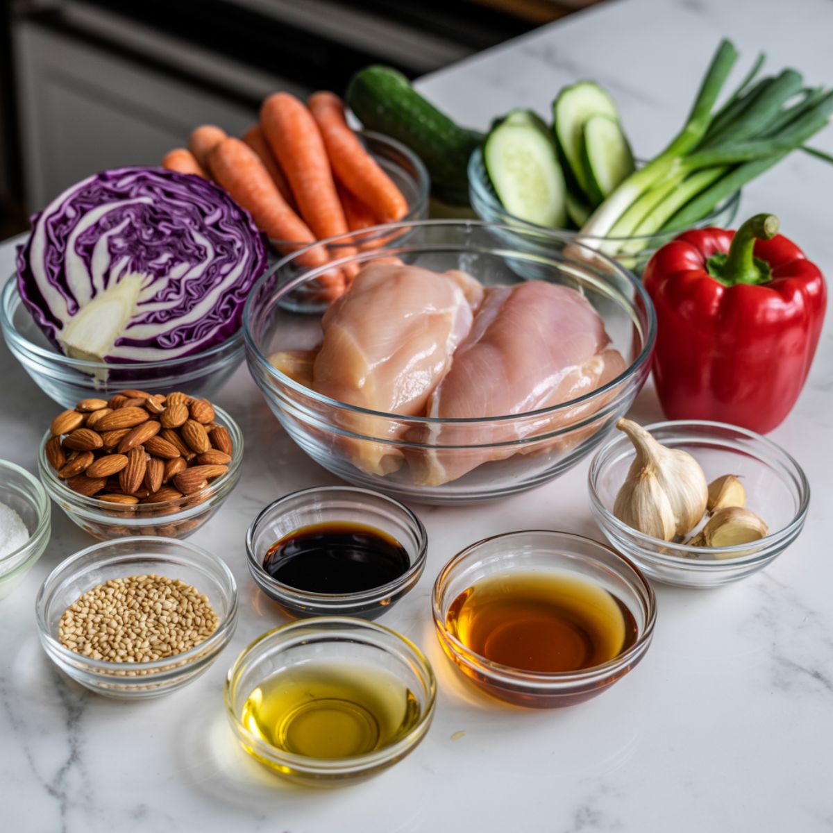 Fresh ingredients for Asian sesame chicken salad laid out on a white kitchen counter.

