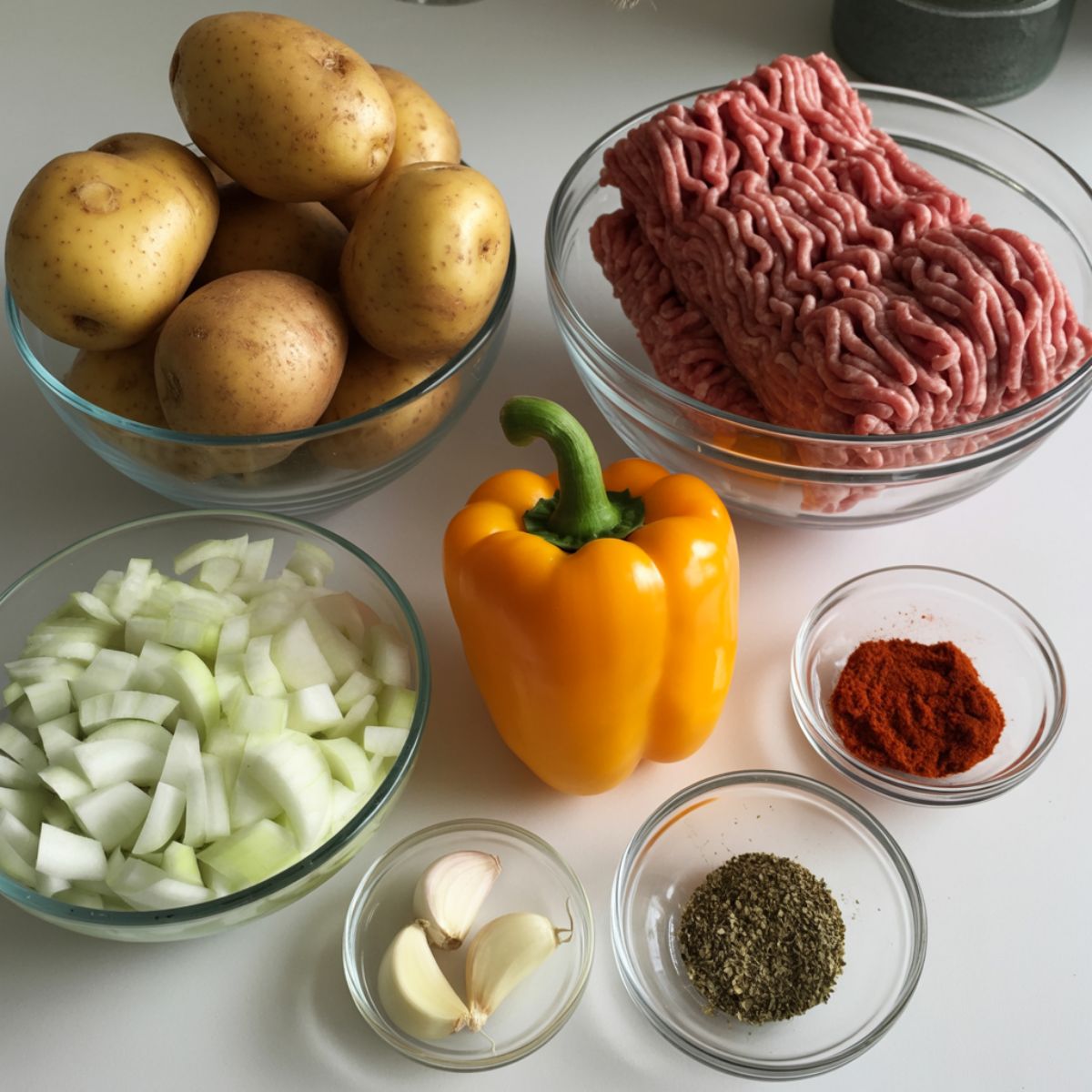 Overhead view of raw ingredients for beef and potato skillet — diced potatoes, ground beef, onion, garlic, bell pepper, and spices on a white counter.