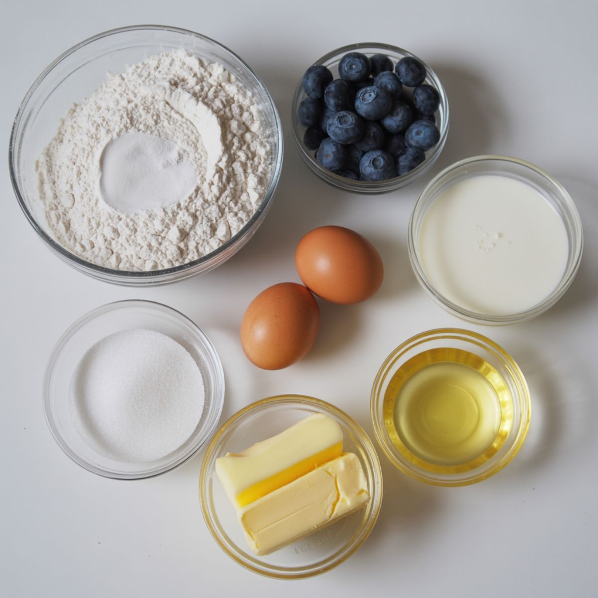 Overhead view of homemade blueberry pancake ingredients on a white kitchen counter, including flour, eggs, buttermilk, butter, sugar, and fresh blueberries.