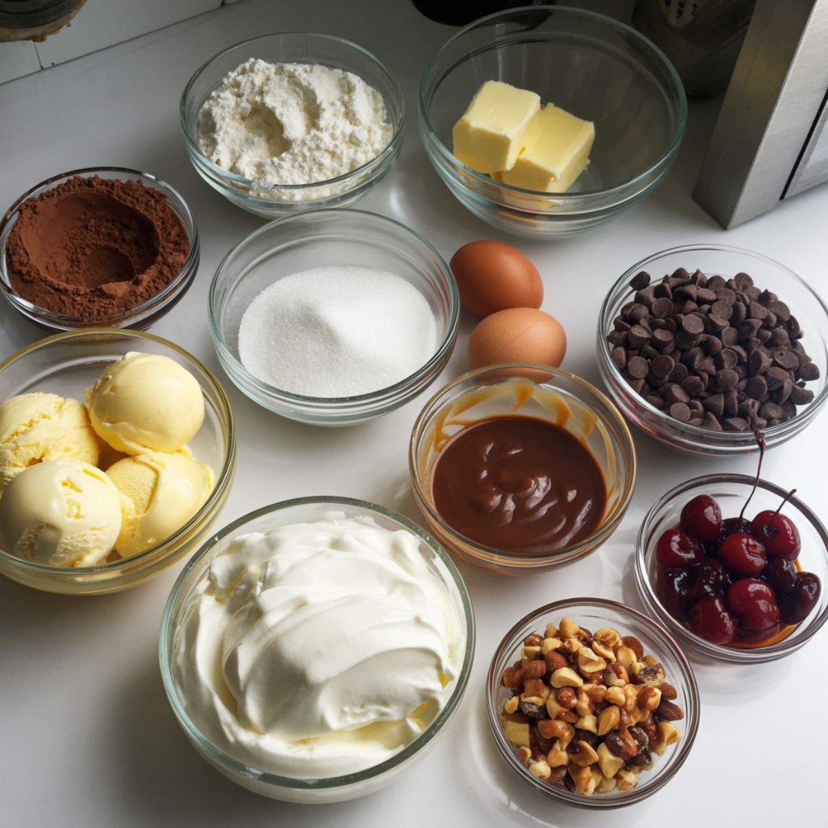 Overhead view of brownie sundae ingredients including cocoa powder, flour, sugar, butter, eggs, chocolate chips, ice cream, fudge, caramel, whipped cream, nuts, and cherries on a white counter