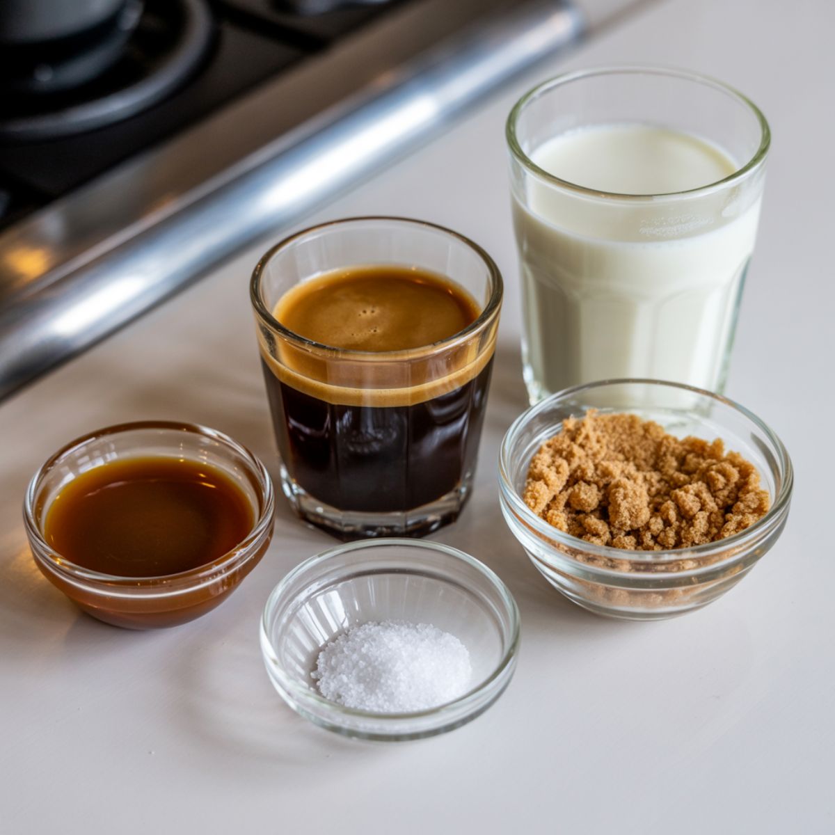 Ingredients for making a homemade caramel latte arranged on a white kitchen counter.