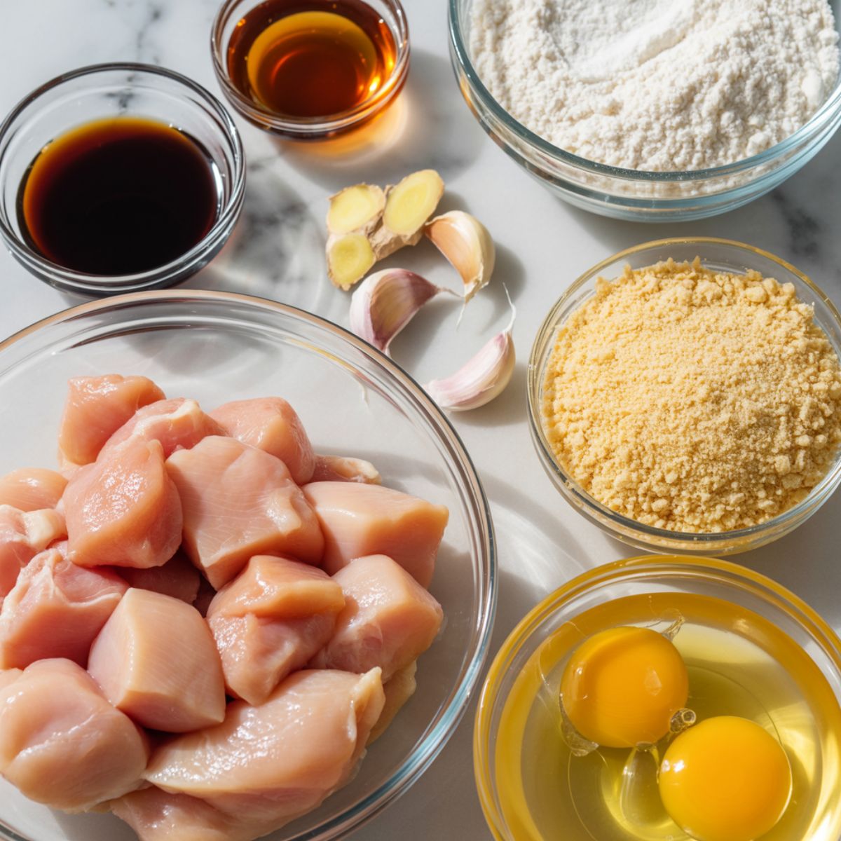 Overhead view of raw chicken, honey, garlic, soy sauce, and other ingredients for honey garlic chicken bites.