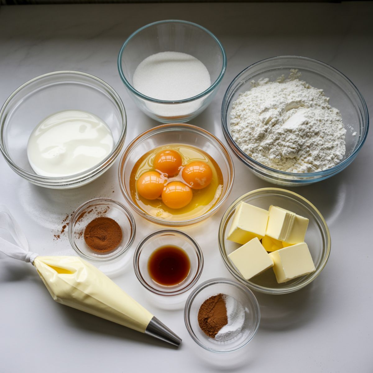 Overhead view of churro ice cream ingredients including cream, sugar, eggs, flour, butter, and cinnamon on a white kitchen counter.