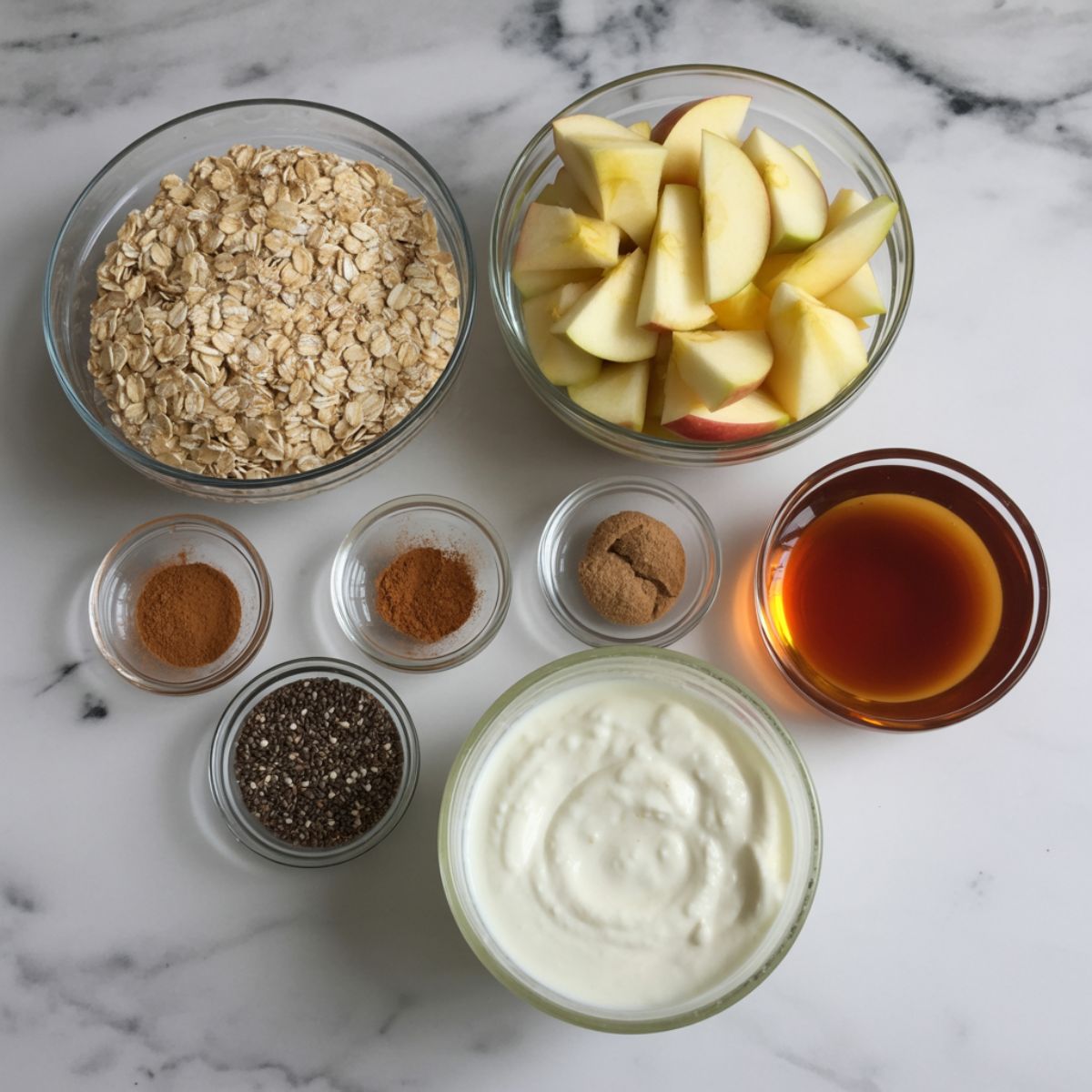 Overhead photo of ingredients for cinnamon apple overnight oats, including oats, apples, cinnamon, yogurt, and maple syrup on a white kitchen counter.