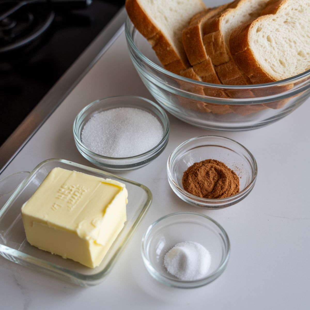 Ingredients for homemade cinnamon sugar butter toast laid out on a white counter.