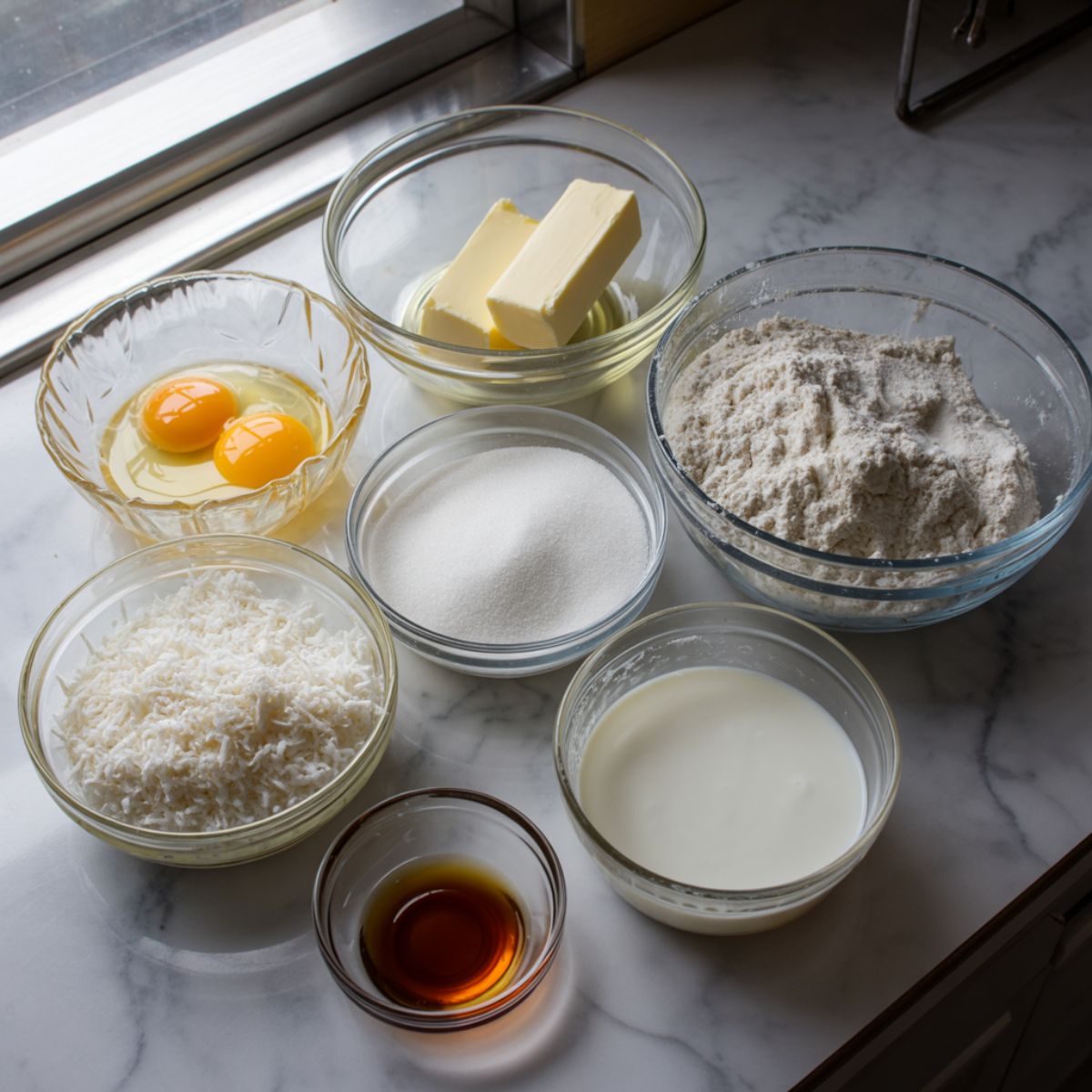 Overhead shot of raw ingredients for coconut cream cupcakes including eggs, butter, flour, sugar, shredded coconut, coconut milk, and vanilla extract on a white kitchen counter.