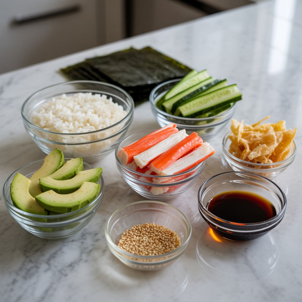 Ingredients for crunchy California roll including sushi rice, avocado, crab, cucumber, nori, and tempura flakes.