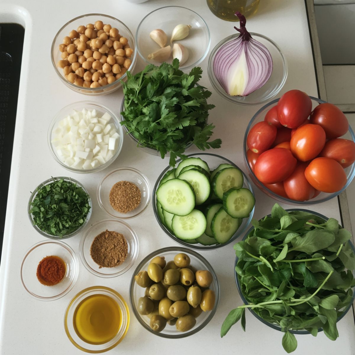 Overhead view of fresh ingredients for falafel bowls including chickpeas, herbs, spices, vegetables, and tahini sauce on a white kitchen counter.