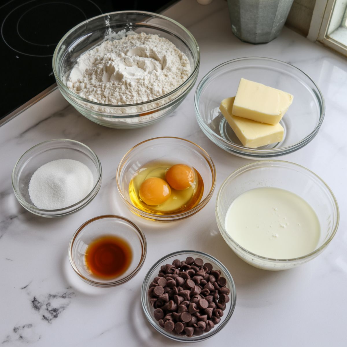 Flat lay of ingredients for chocolate chip cupcakes including flour, sugar, butter, eggs, milk, and chocolate chips on a white counter.
