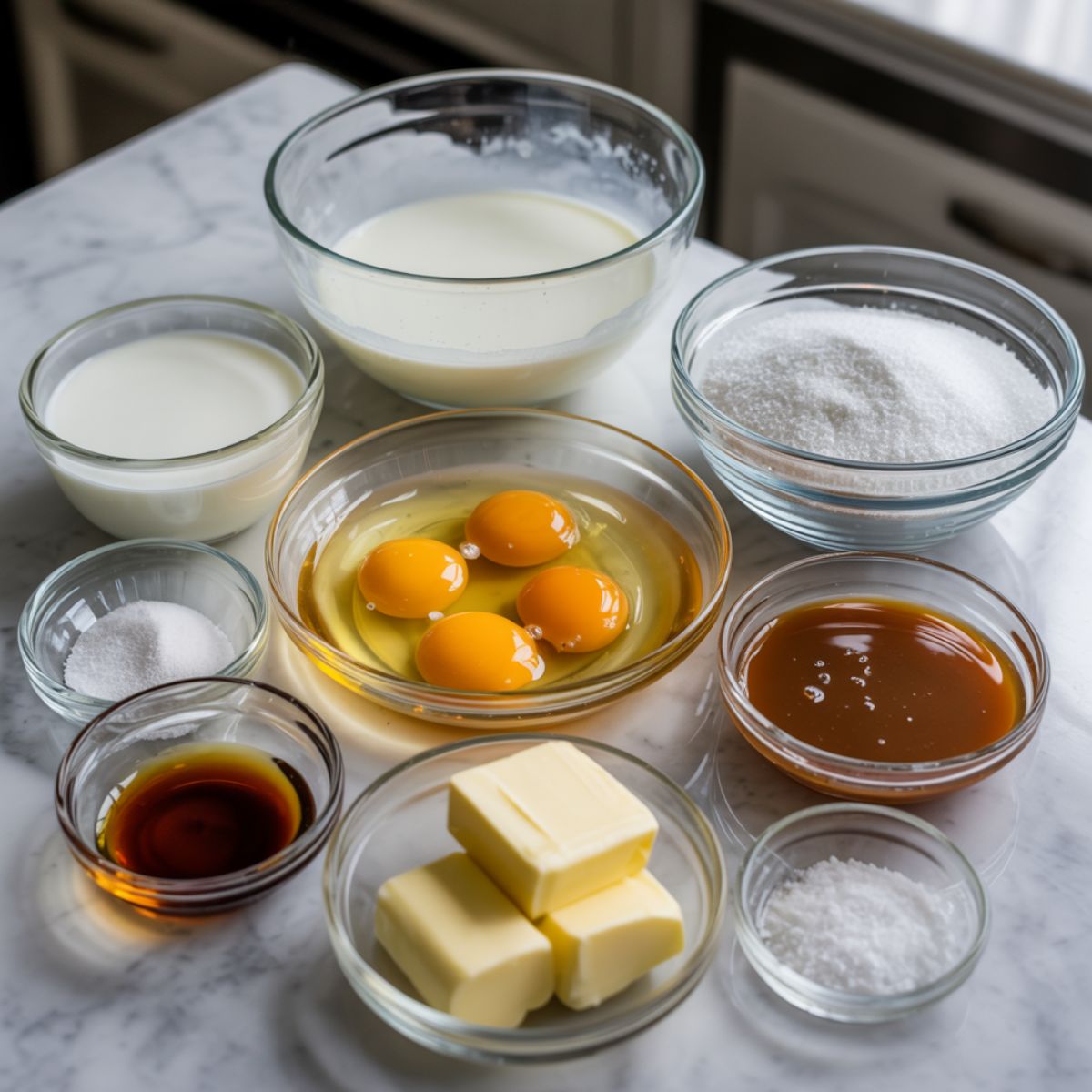 Overhead view of salted caramel pudding ingredients arranged on a white counter.