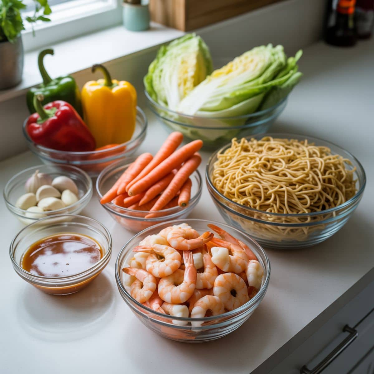 Overhead photo of shrimp, noodles, and fresh vegetables arranged on a white kitchen counter for homemade shrimp lo mein ingredients.