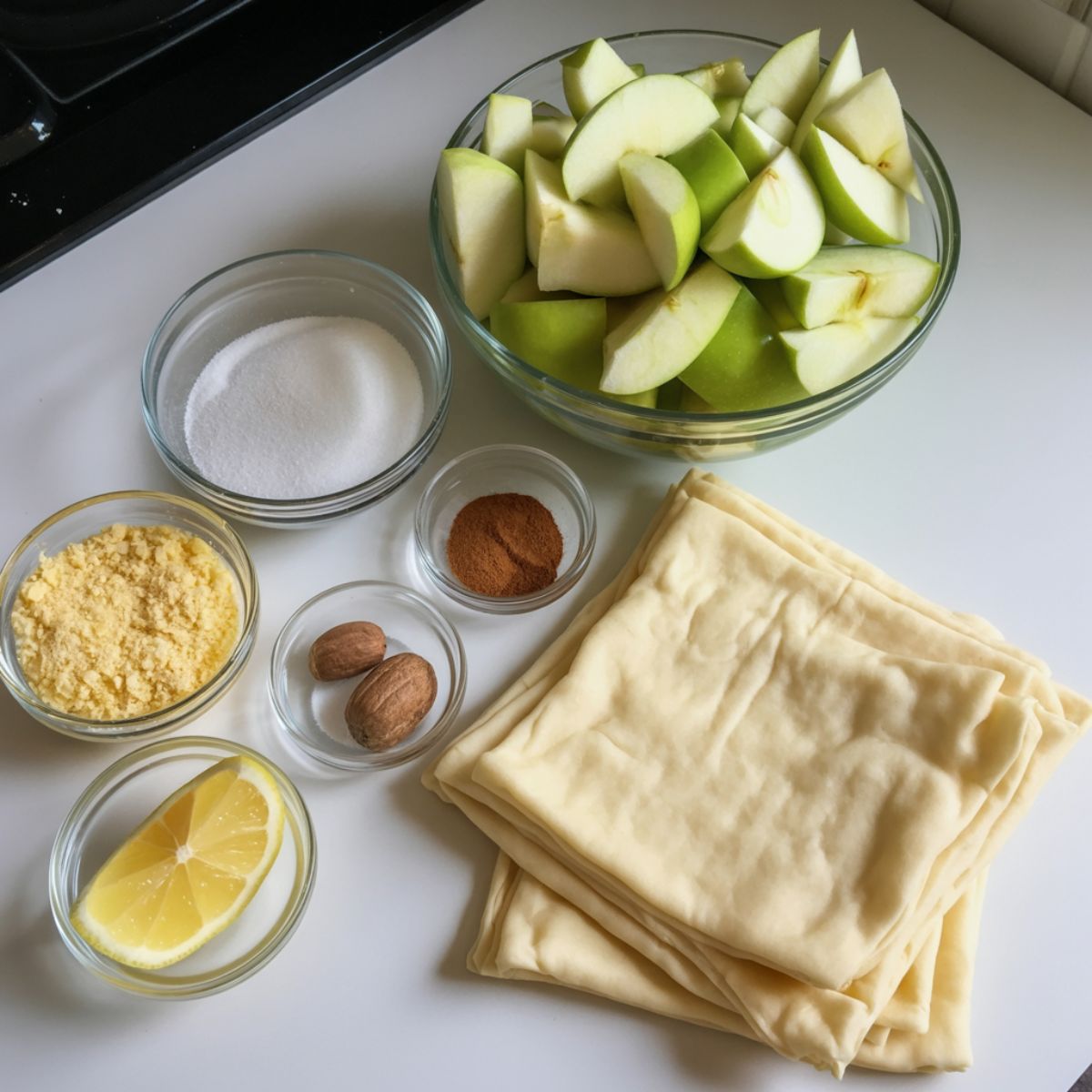 Overhead image of diced apples in a glass bowl with sugar, cinnamon, nutmeg, lemon, and puff pastry sheets on a white kitchen counter.