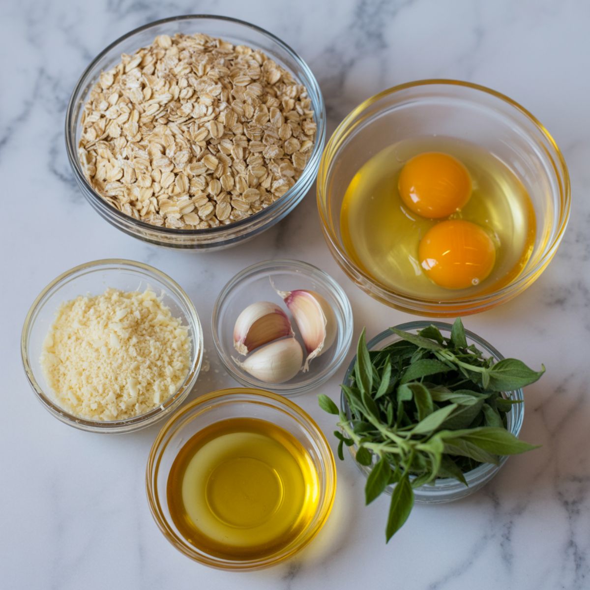 Rolled oats, eggs, garlic, parmesan, and herbs laid out on a white marble counter for savory oatmeal with egg.