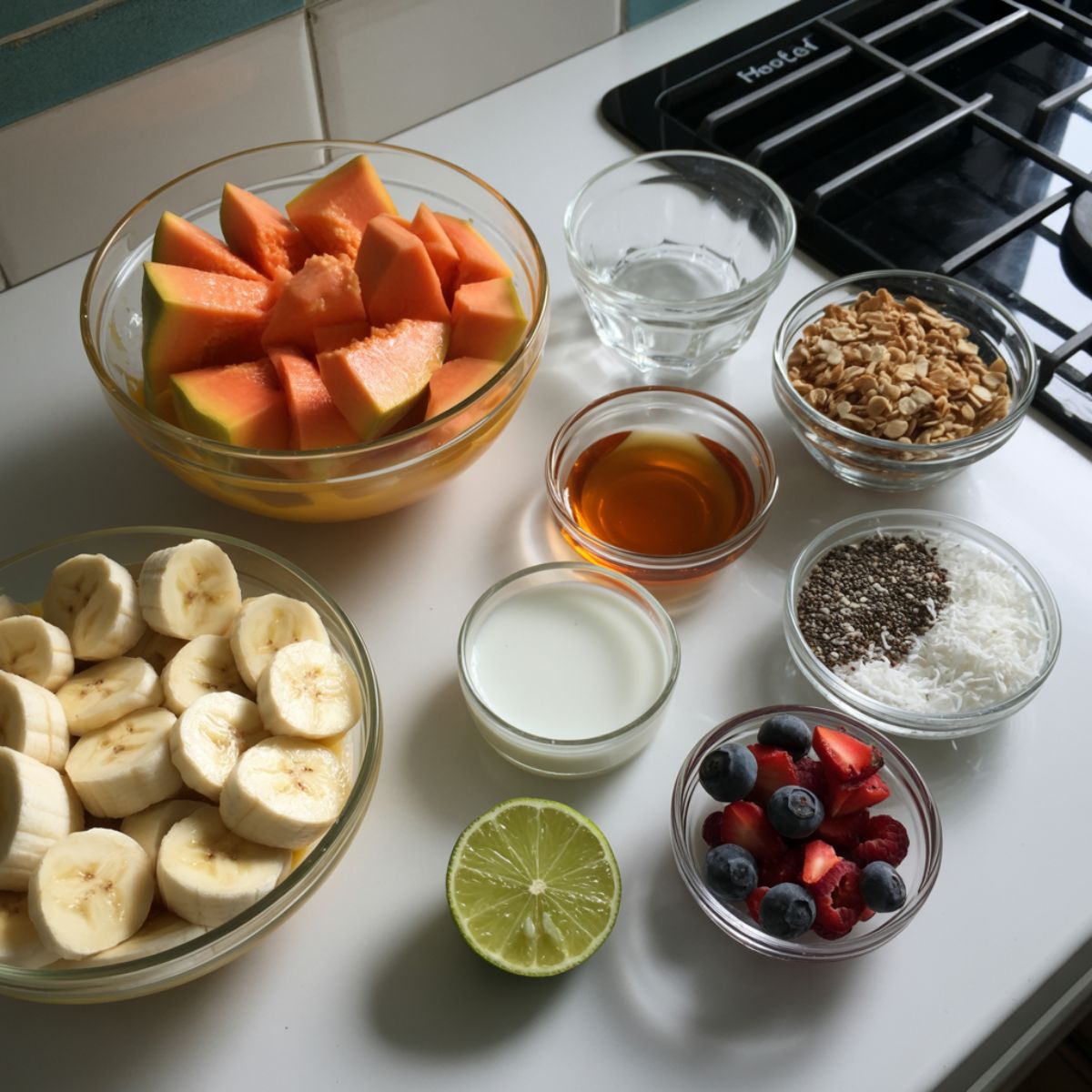 Fresh papaya, frozen banana, coconut milk, honey, lime, granola, chia seeds, and berries on a white kitchen counter for a smoothie bowl recipe.