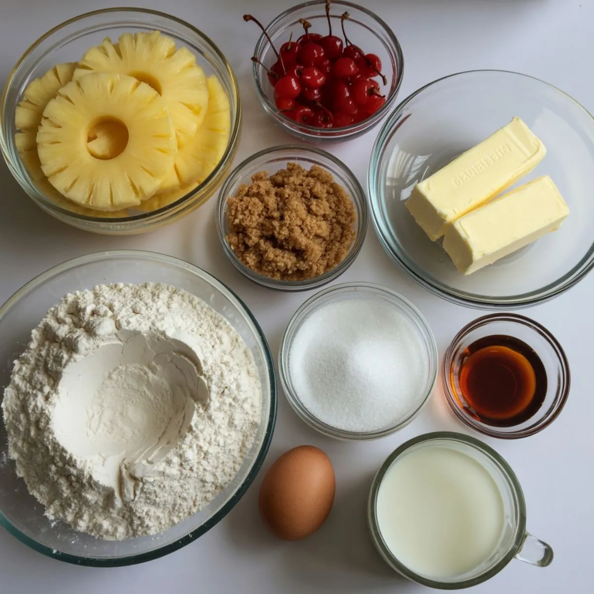 Overhead view of ingredients for pineapple upside-down cupcakes including pineapple rings, cherries, flour, sugar, butter, and vanilla on a white kitchen counter.