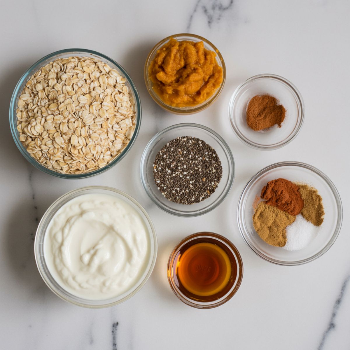 Overhead photo of pumpkin spice overnight oats ingredients on a white marble counter including oats, pumpkin puree, chia seeds, Greek yogurt, maple syrup, and spices.
