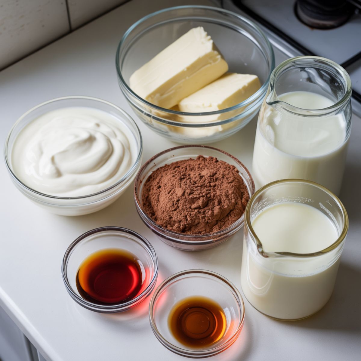 Ingredients for homemade red velvet ice cream arranged on a kitchen counter.