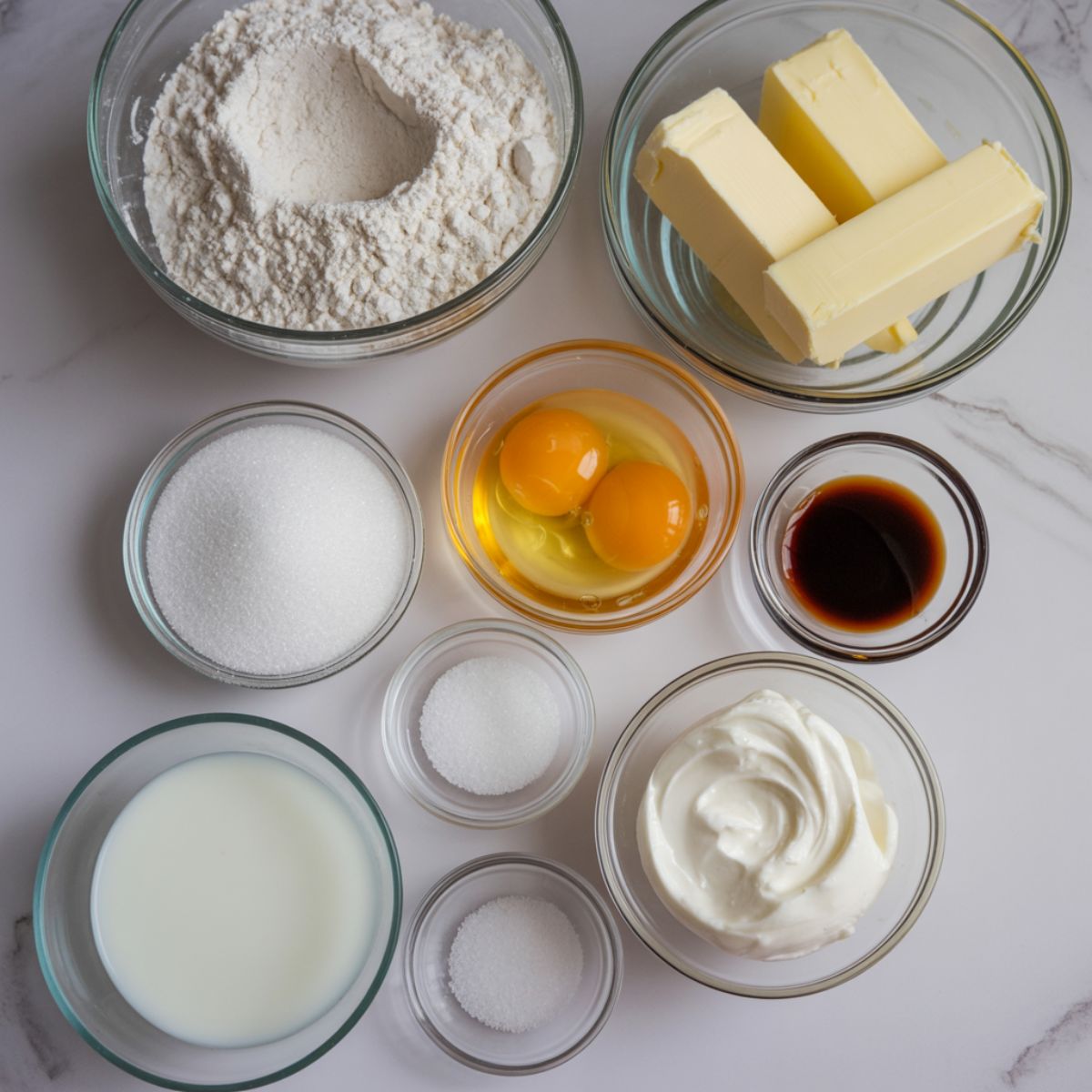 Overhead shot of ingredients for salted caramel cupcakes on a white kitchen counter, including flour, butter, eggs, sugar, milk, cream, and sea salt in small bowls.