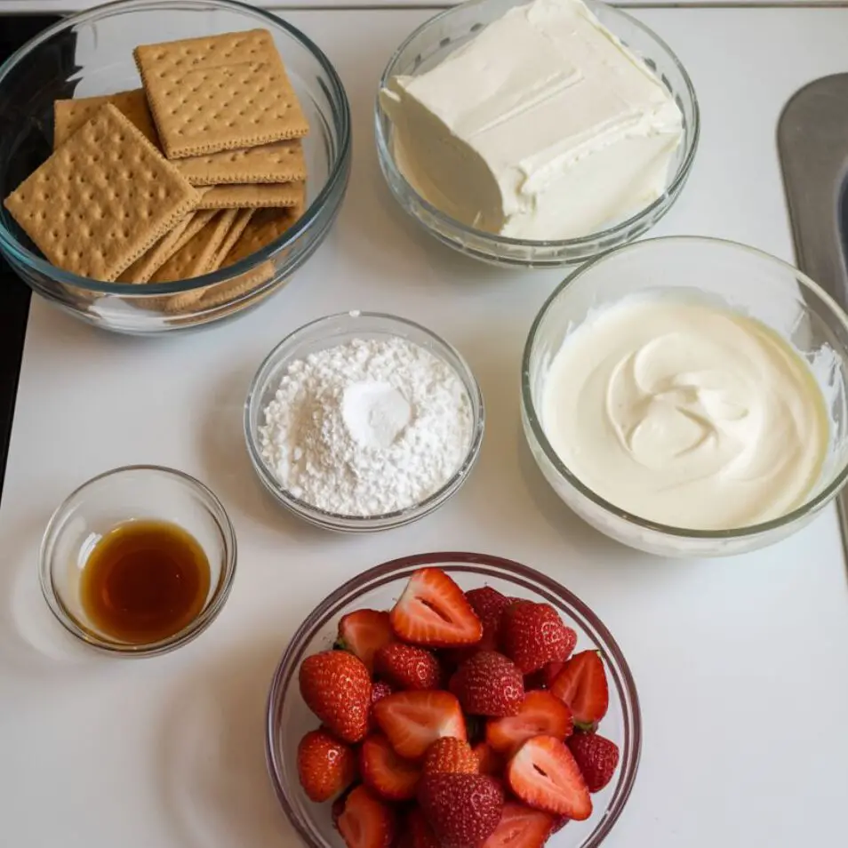 Overhead view of strawberry cheesecake bites ingredients scattered on a white kitchen counter, including fresh strawberries, graham crackers, cream cheese, and sugar.