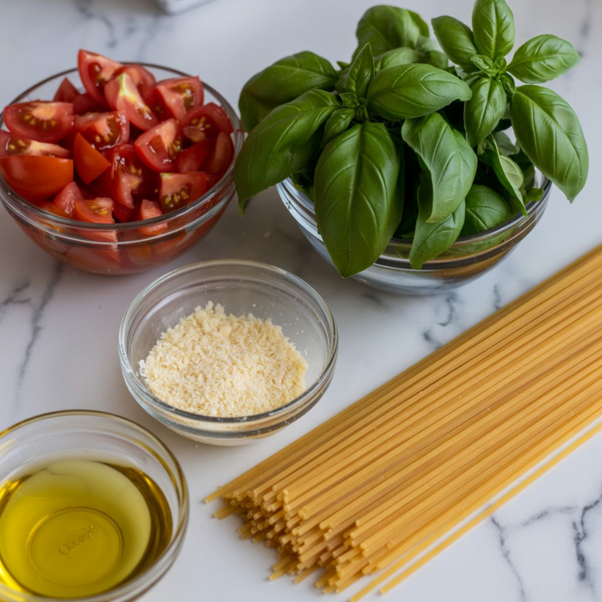 Fresh ingredients for homemade tomato basil spaghetti on a marble counter.