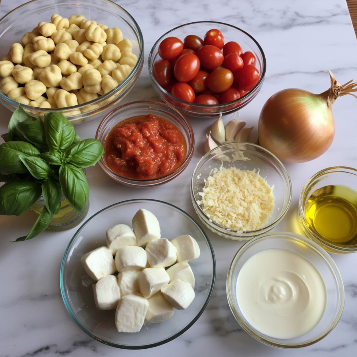 Overhead image of ingredients for tomato gnocchi including gnocchi, cherry tomatoes, canned tomatoes, onion, garlic, basil, mozzarella, cream, and Parmesan on a white marble kitchen counter.