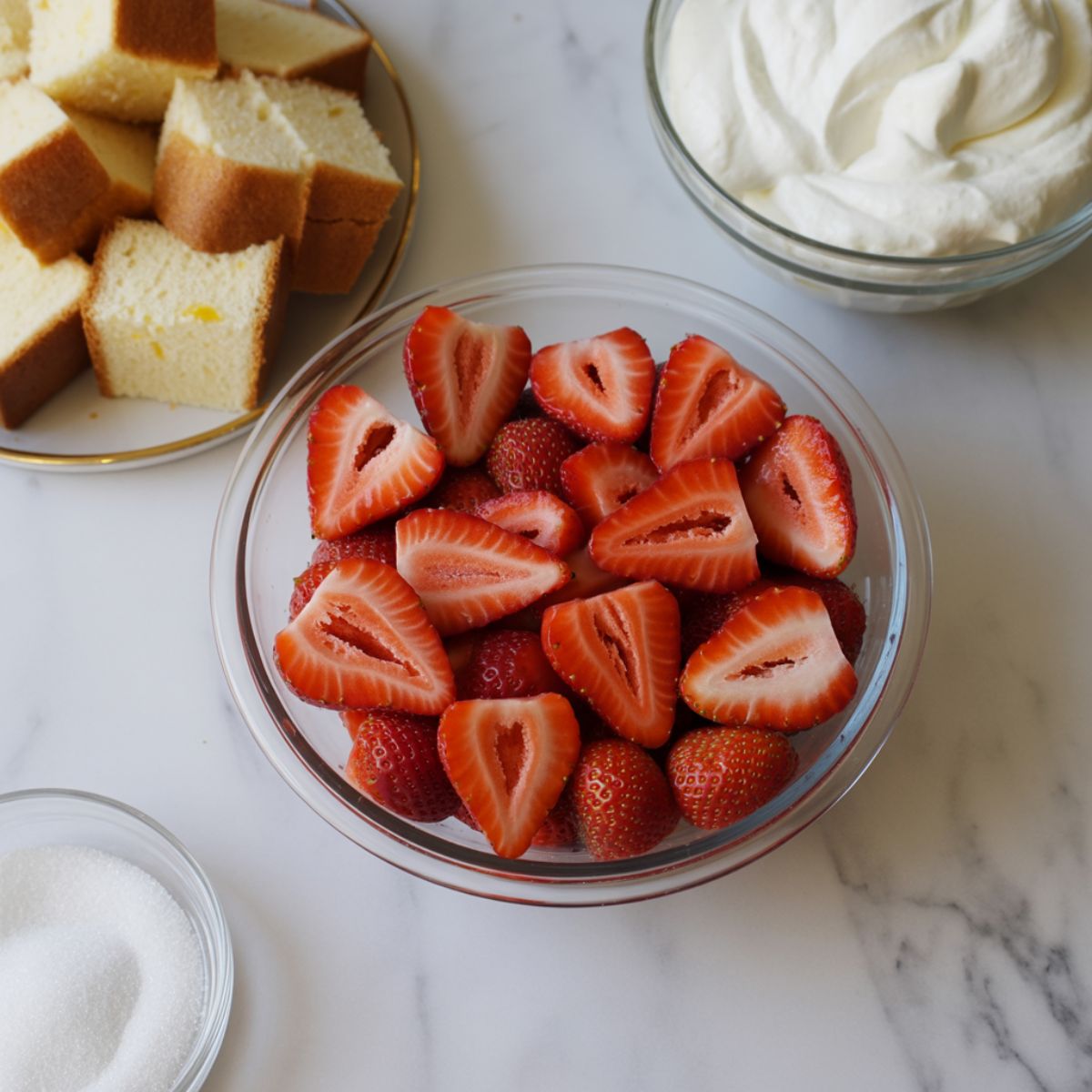Overhead view of fresh strawberries, cubed pound cake, whipped cream, and sugar arranged on a white kitchen counter.