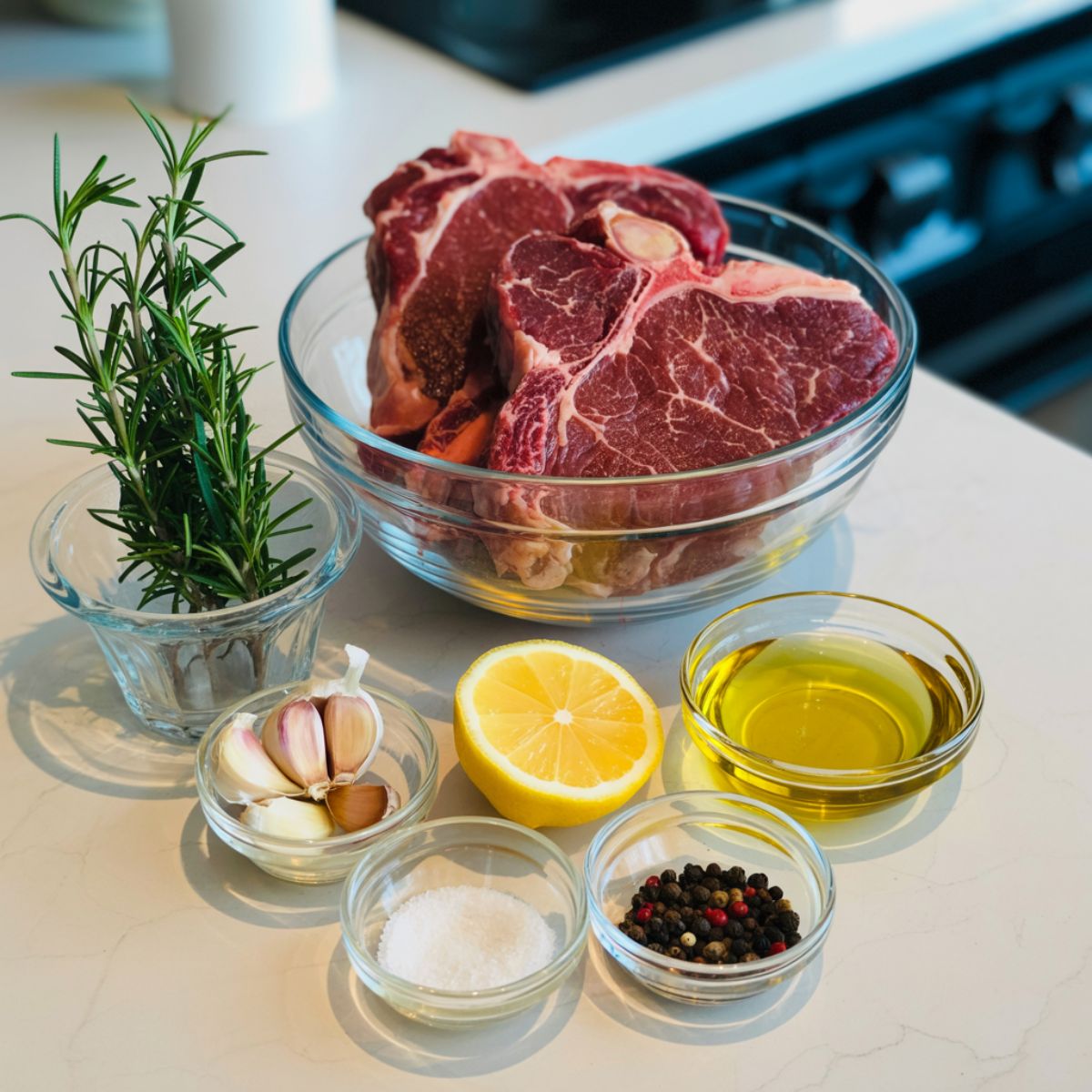 Raw T-bone steak with fresh herbs, garlic, lemon zest, and olive oil on a kitchen counter.