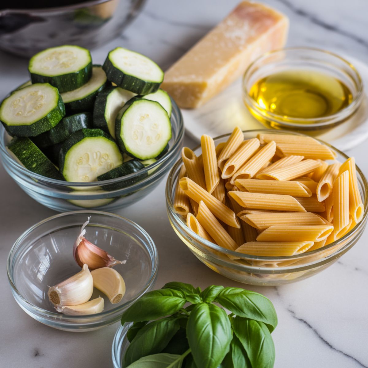 Overhead shot of zucchini penne ingredients including zucchini, pasta, garlic, parmesan, and basil on a marble counter.