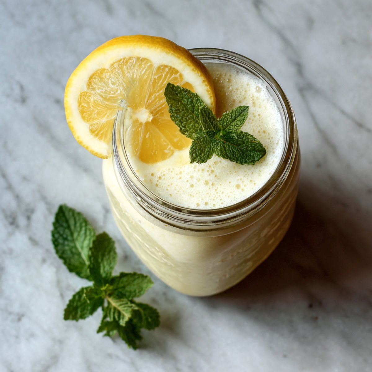 Overhead shot of a lemon ginger smoothie recipe in a mason jar with lemon slice and mint

