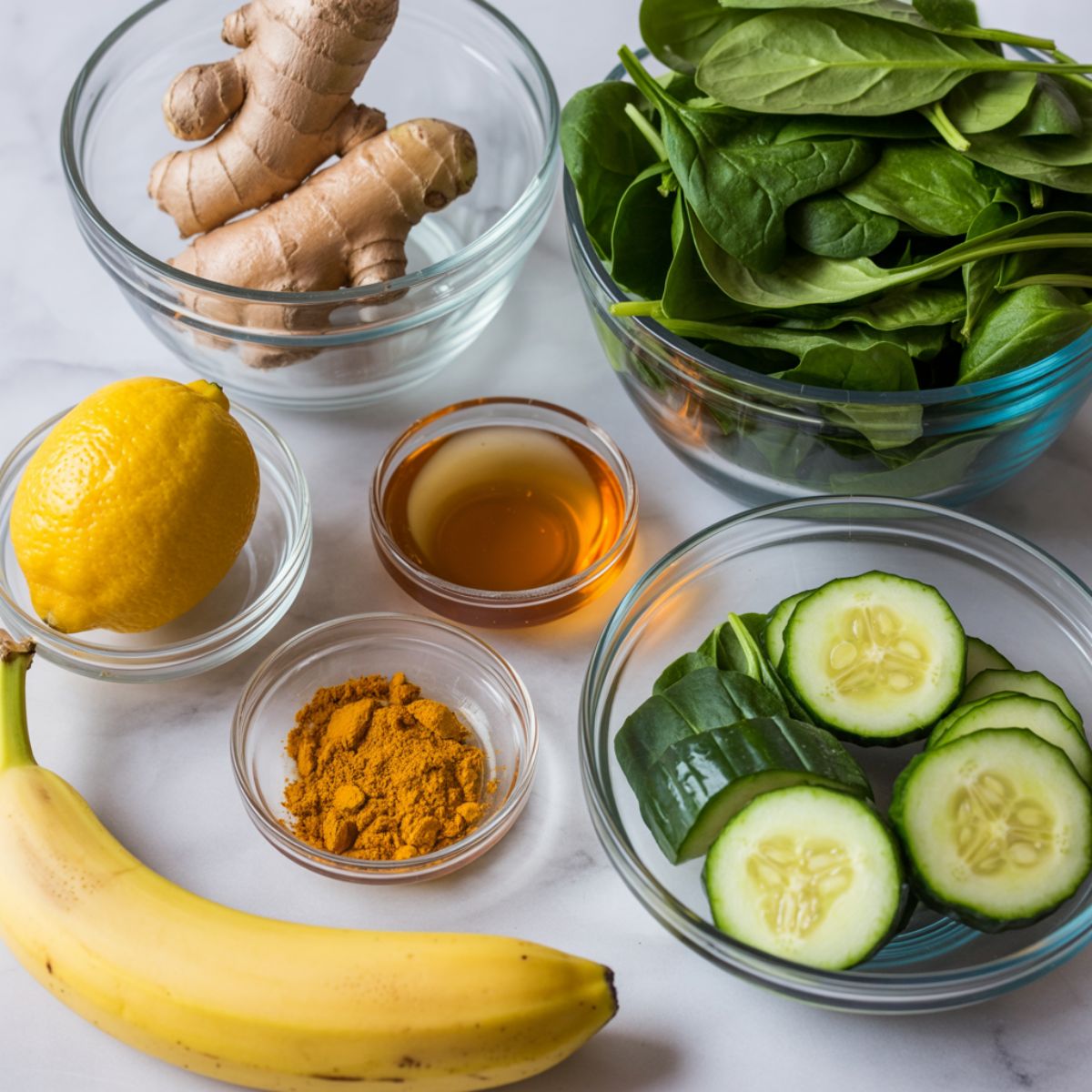 Top view of fresh ingredients for lemon ginger smoothie on a white kitchen counter

