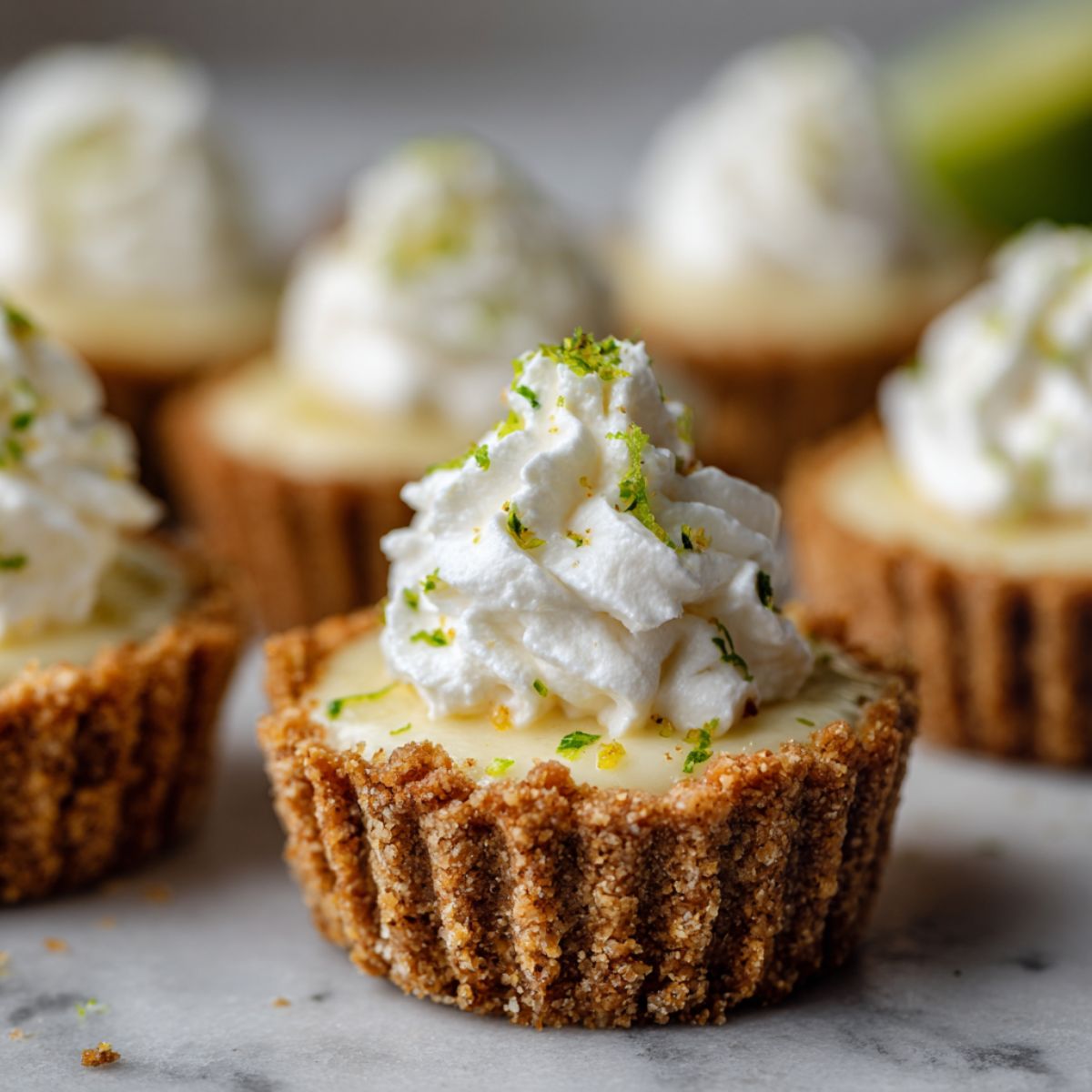 Overhead photo of homemade mini key lime pies recipe with graham cracker crust, whipped cream, and lime zest on a white kitchen counter.