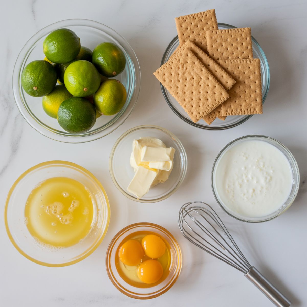 Overhead shot of key ingredients for mini key lime pies including key limes, graham crackers, butter, condensed milk, and egg yolks on a white kitchen counter.