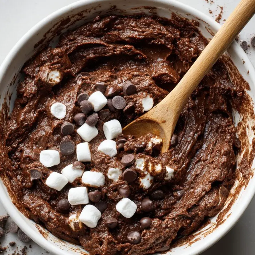 Unmixed hot cocoa cookie dough with chocolate chips and marshmallows in a bowl.