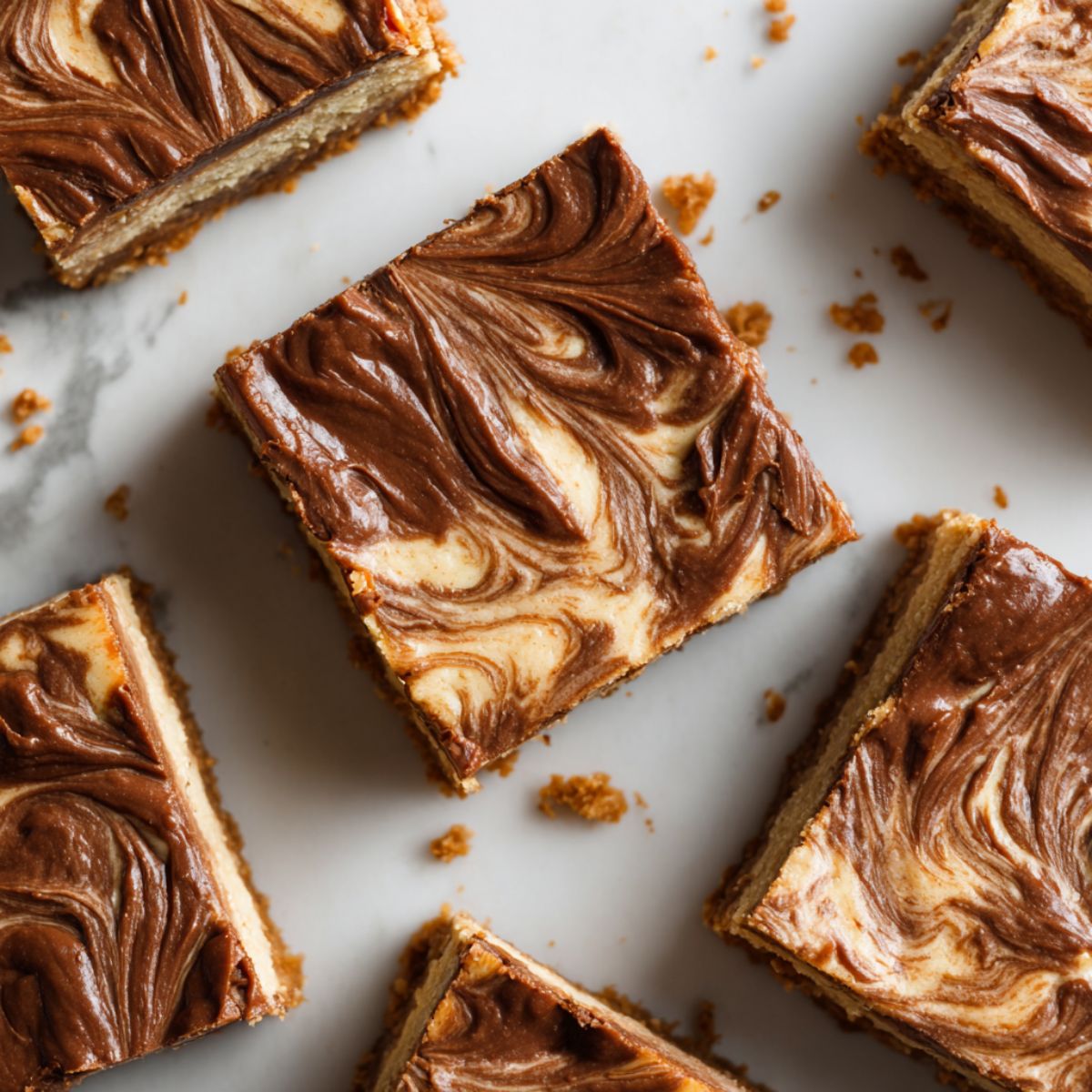 Homemade Nutella cheesecake bars recipe cut into imperfect squares with visible swirls on a white kitchen counter.