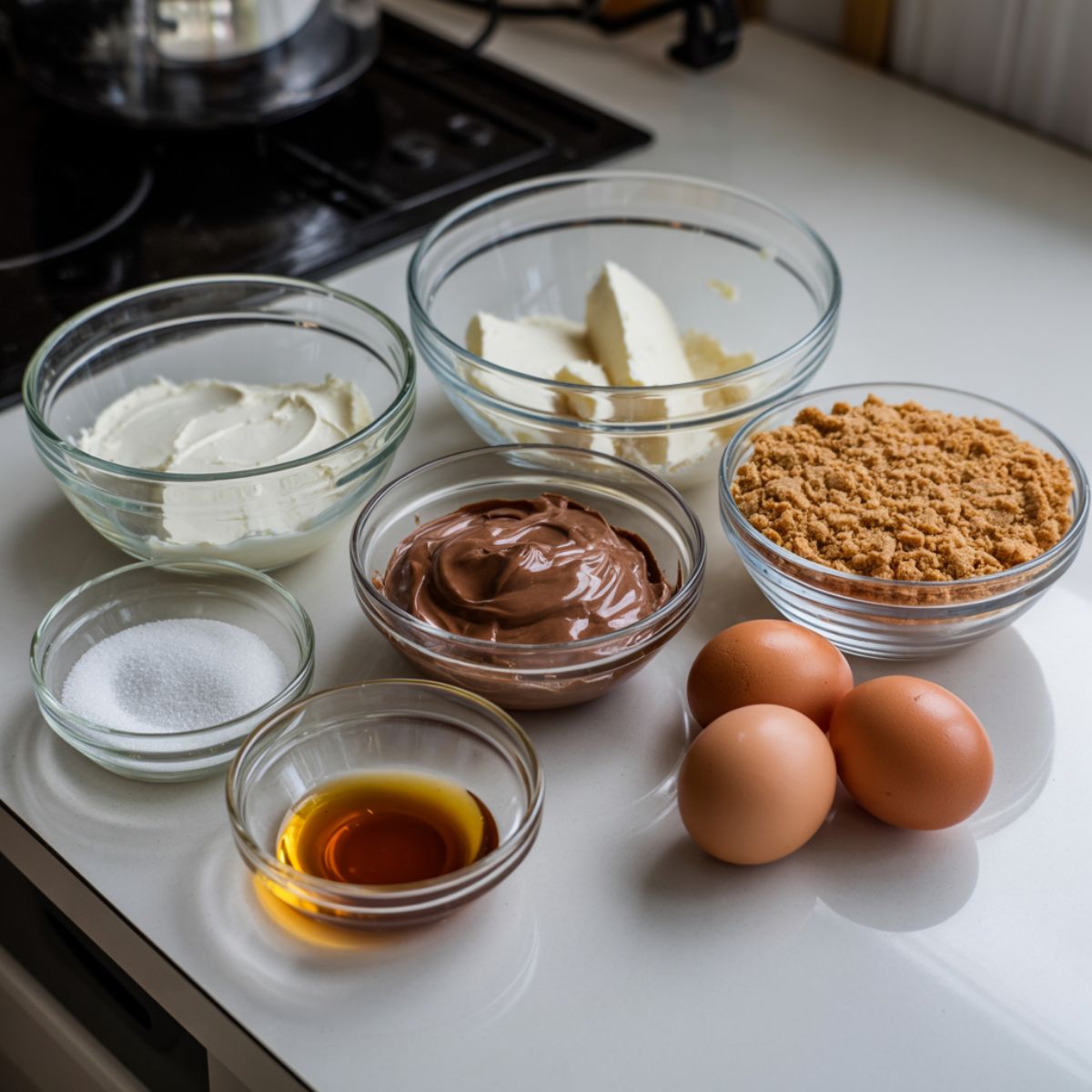Overhead shot of Nutella cheesecake bar ingredients including cream cheese, Nutella, graham crumbs, eggs, and sugar on a white counter.
