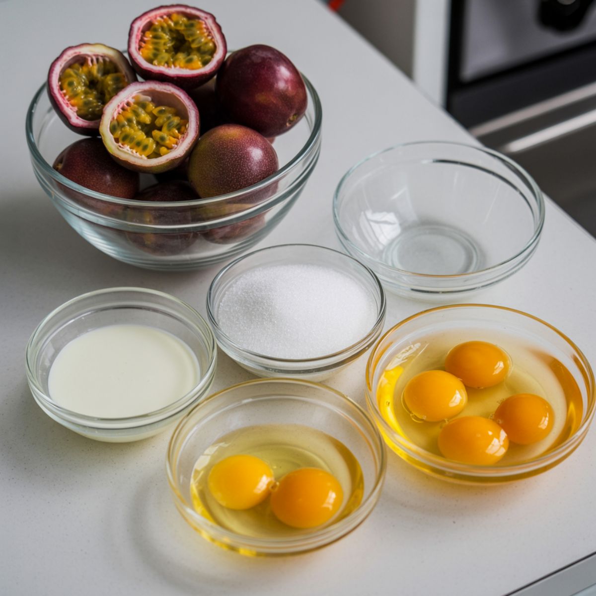 Ingredients for homemade passionfruit ice cream arranged casually on a white kitchen counter