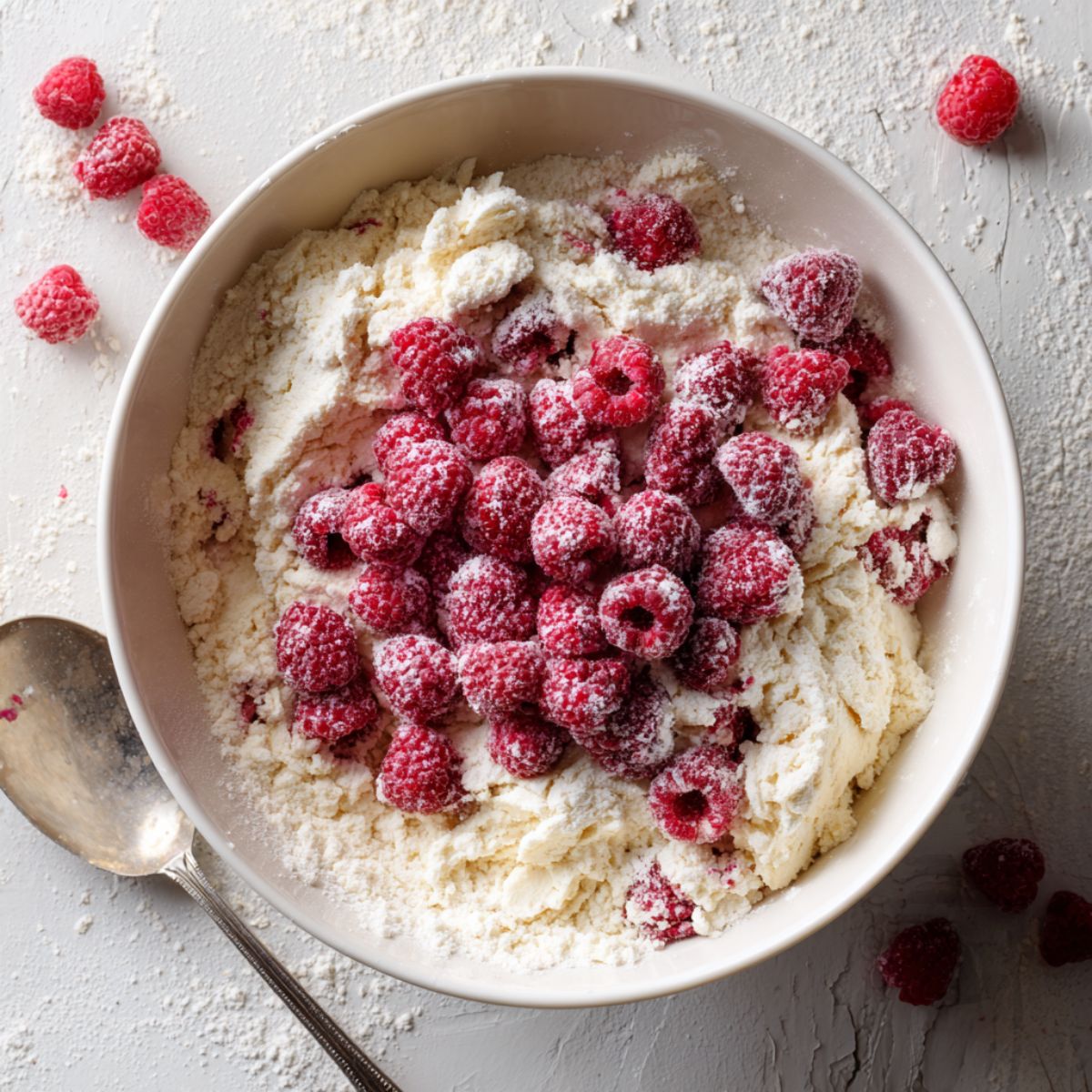 Fresh raspberries tossed in flour being folded into cookie dough

