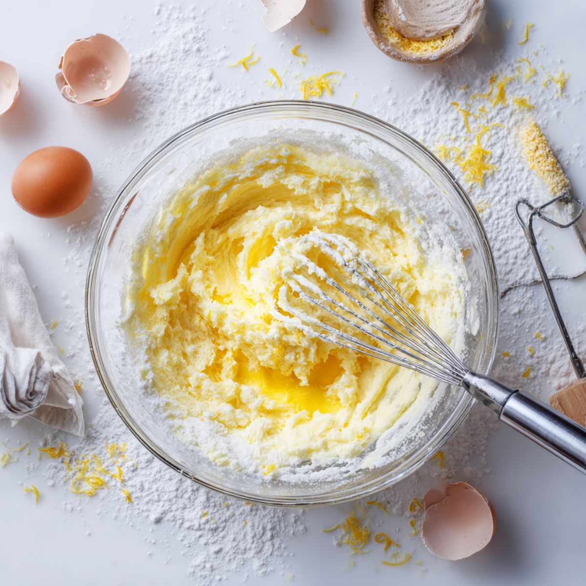Mixing butter, sugar, lemon zest, and egg for raspberry lemonade cookie dough


