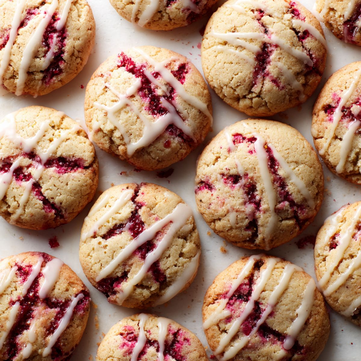 Freshly baked raspberry lemonade cookies recipe with glaze, imperfectly arranged on a white kitchen counter

