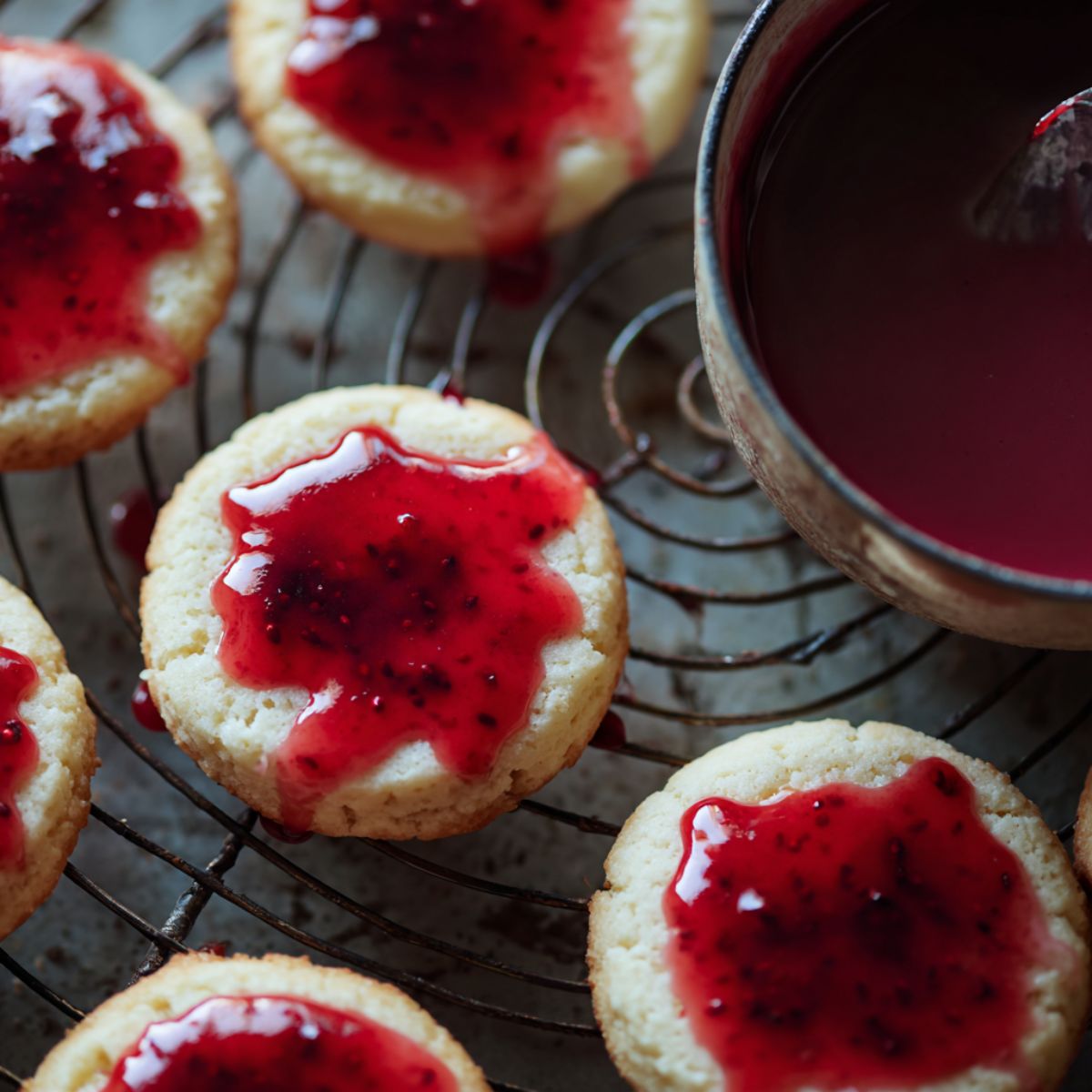 Raspberry glaze being drizzled over cookies on a wire rack

